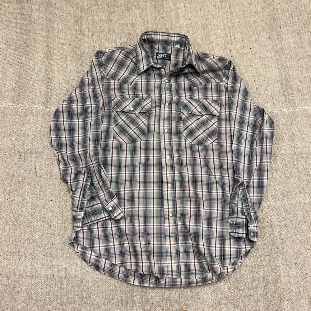Vintage Levi's Button Up Shirt Mens Large Gray 1980s Plaid‎
